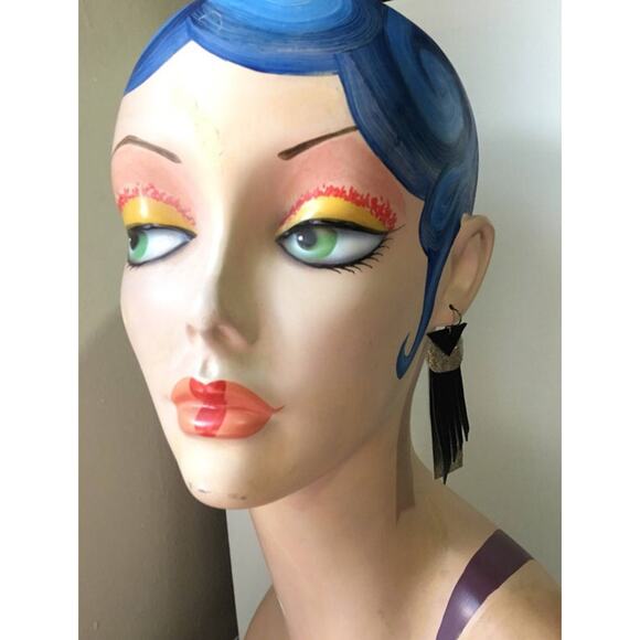 Artisan Handmade Gold and black art deco abstract fringe statement earrings - Picture 5 of 10